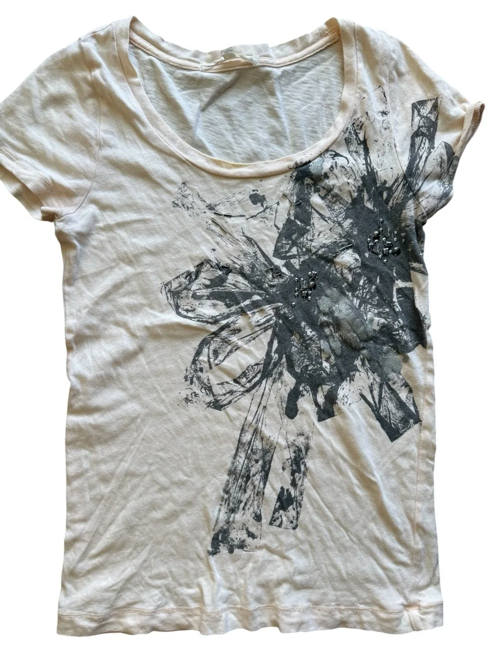 J.Crew Floral Graphic Tee Women's S Yellow Beaded Embellished Cotton Top Artsy